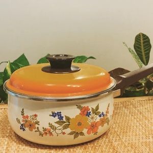 Vintage 70’s Orange Floral Pot w/ Lid and Handle